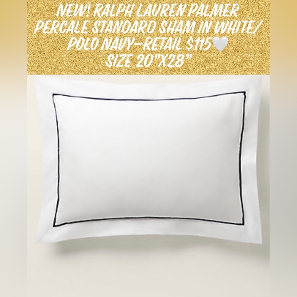 New! Ralph Lauren Palmer Percale Standard Sham in White/Polo Navy $115🤍20”x28”